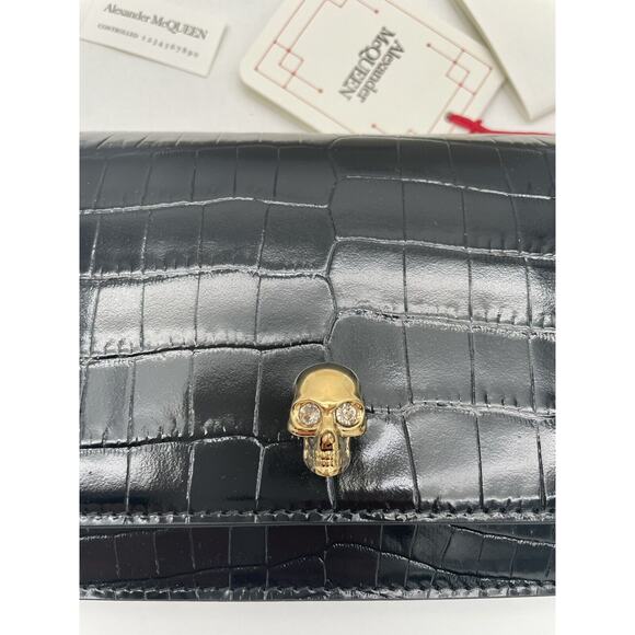 NEW ALEXANDER MCQUEEN BLACK LEATHER SKULL CROC CHAIN BAG PURSE NWT BOX - Picture 5 of 12